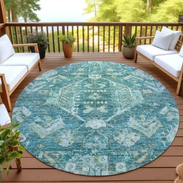 HomeRoots 8' Turquoise and Teal Round Medallion Rug - Durable, Washable, Stylish for Indoor and Outdoor Spaces 688677