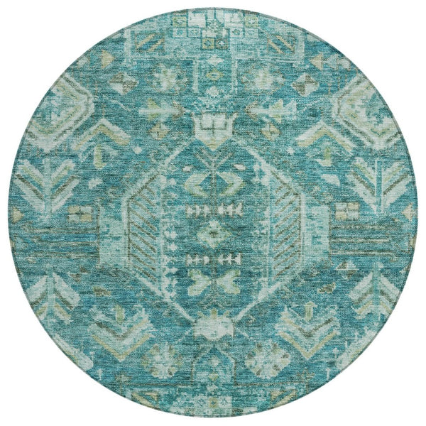 HomeRoots 8' Turquoise and Teal Round Medallion Rug - Durable, Washable, Stylish for Indoor and Outdoor Spaces 688677