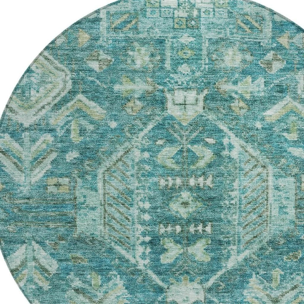 HomeRoots 8' Turquoise and Teal Round Medallion Rug - Durable, Washable, Stylish for Indoor and Outdoor Spaces 688677