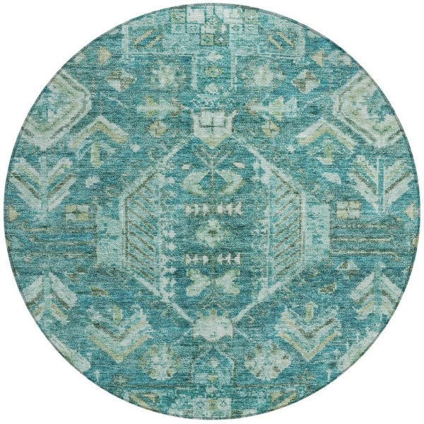 HomeRoots 8' Turquoise and Teal Round Medallion Rug - Durable, Washable, Stylish for Indoor and Outdoor Spaces 688677