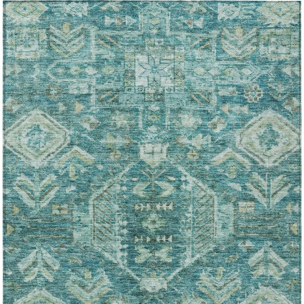 HomeRoots 9' X 12' Vibrant Turquoise and Teal Medallion Area Rug - Washable, Durable, Indoor/Outdoor Use! 688679