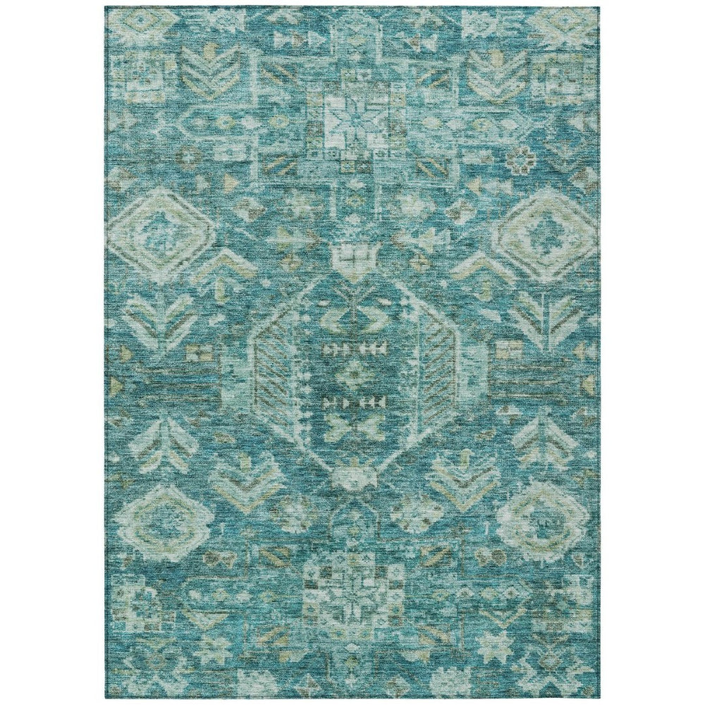 HomeRoots 9' X 12' Vibrant Turquoise and Teal Medallion Area Rug - Washable, Durable, Indoor/Outdoor Use! 688679