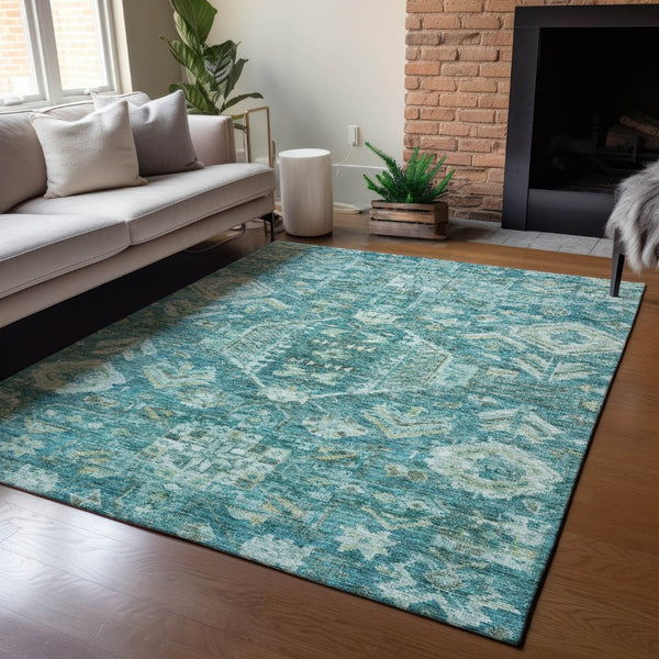 HomeRoots 9' X 12' Vibrant Turquoise and Teal Medallion Area Rug - Washable, Durable, Indoor/Outdoor Use! 688679