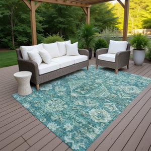 HomeRoots 9' X 12' Vibrant Turquoise and Teal Medallion Area Rug - Washable, Durable, Indoor/Outdoor Use! 688679