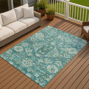 HomeRoots 10' Vibrant Turquoise and Teal Medallion Washable Area Rug - Indoor/Outdoor Durable Design! 688680
