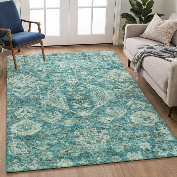 HomeRoots 10' Vibrant Turquoise and Teal Medallion Washable Area Rug - Indoor/Outdoor Durable Design! 688680