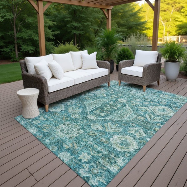 HomeRoots 10' Vibrant Turquoise and Teal Medallion Washable Area Rug - Indoor/Outdoor Durable Design! 688680