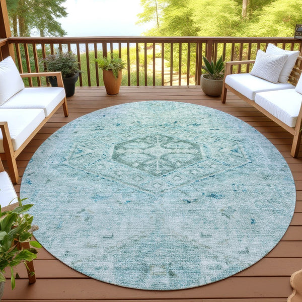 HomeRoots 8' Aqua and Teal Blue Round Medallion Rug – Durable, Washable, Stylish for Indoor & Outdoor Spaces! 688683