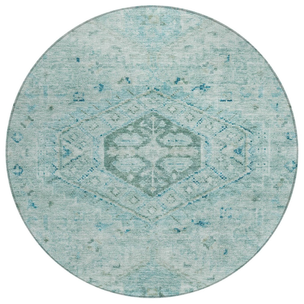 HomeRoots 8' Aqua and Teal Blue Round Medallion Rug – Durable, Washable, Stylish for Indoor & Outdoor Spaces! 688683