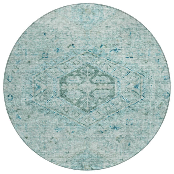HomeRoots 8' Aqua and Teal Blue Round Medallion Rug – Durable, Washable, Stylish for Indoor & Outdoor Spaces! 688683