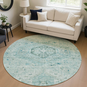 HomeRoots 8' Aqua and Teal Blue Round Medallion Rug – Durable, Washable, Stylish for Indoor & Outdoor Spaces! 688683