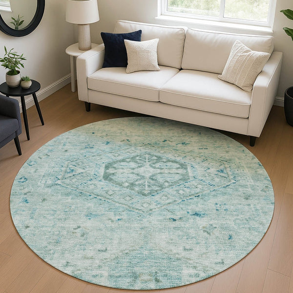 HomeRoots 8' Aqua and Teal Blue Round Medallion Rug – Durable, Washable, Stylish for Indoor & Outdoor Spaces! 688683