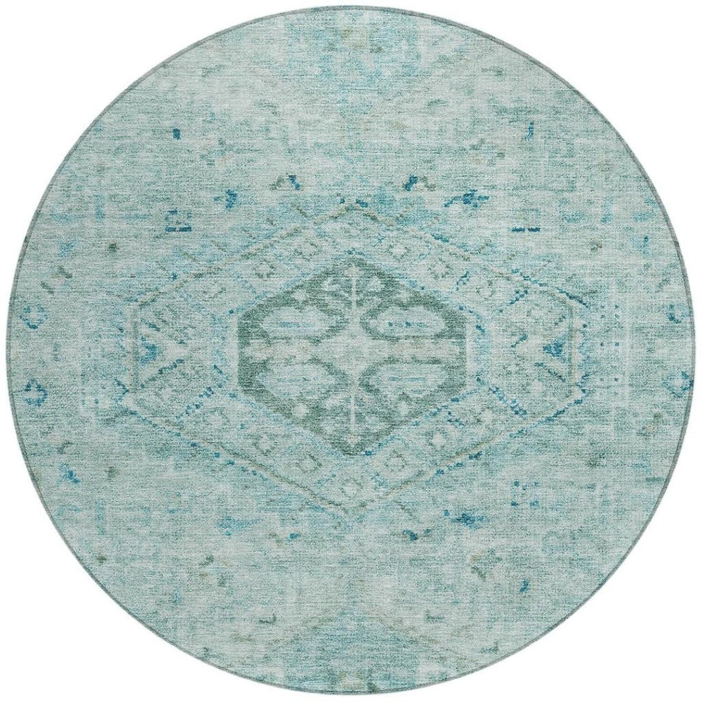 HomeRoots 8' Aqua and Teal Blue Round Medallion Rug – Durable, Washable, Stylish for Indoor & Outdoor Spaces! 688683