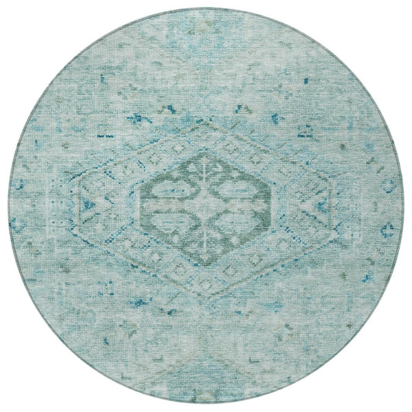 HomeRoots 8' Aqua and Teal Blue Round Medallion Rug – Durable, Washable, Stylish for Indoor & Outdoor Spaces! 688683