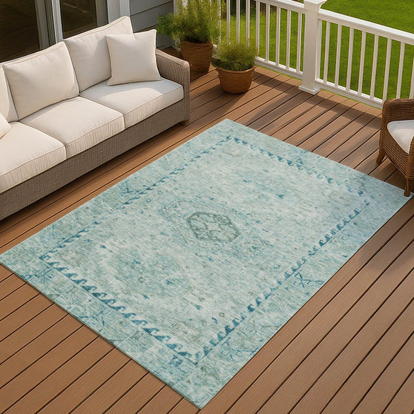 HomeRoots 8' X 10' Aqua Teal Medallion Washable Area Rug - Durable Indoor Outdoor Accent for Any Space 688684