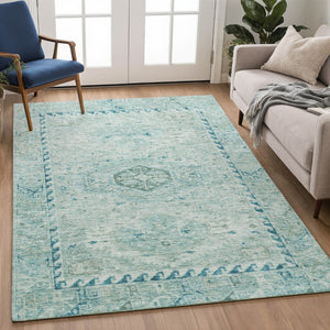 HomeRoots 8' X 10' Aqua Teal Medallion Washable Area Rug - Durable Indoor Outdoor Accent for Any Space 688684