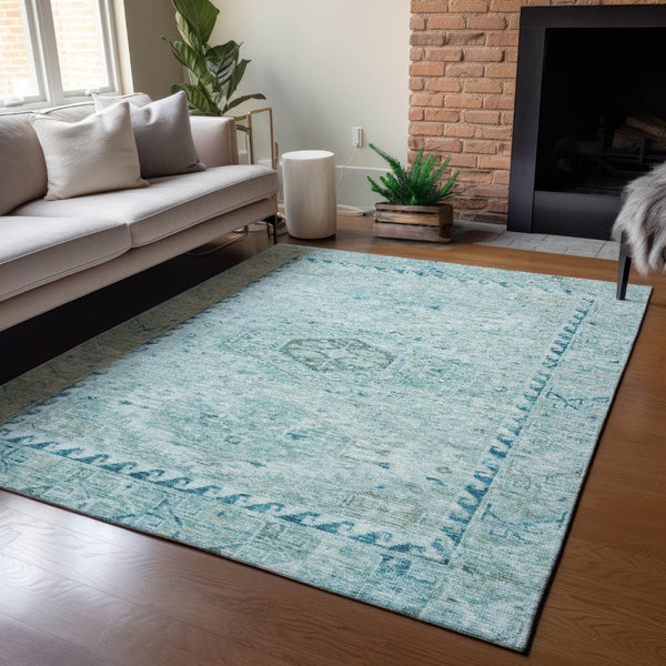 HomeRoots 8' X 10' Aqua Teal Medallion Washable Area Rug - Durable Indoor Outdoor Accent for Any Space 688684