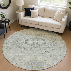 HomeRoots 8' Vibrant Lime Green & Beige Round Medallion Indoor-Outdoor Rug – Durable, Washable, Stylish Accent 688689