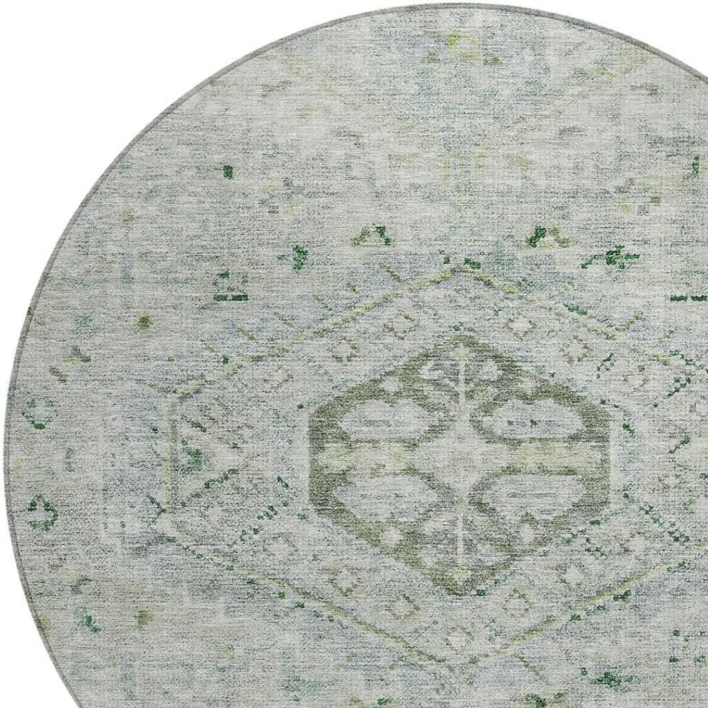 HomeRoots 8' Vibrant Lime Green & Beige Round Medallion Indoor-Outdoor Rug – Durable, Washable, Stylish Accent 688689