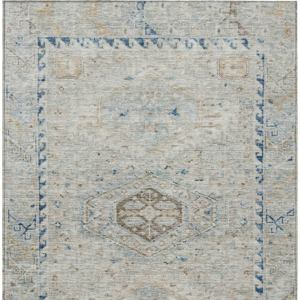 HomeRoots 5' Indoor Outdoor Linen and Blue Medallion Area Rug - Durable, Washable, Stylish for High-Traffic Spaces 688694