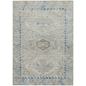 HomeRoots 5' Indoor Outdoor Linen and Blue Medallion Area Rug - Durable, Washable, Stylish for High-Traffic Spaces 688694