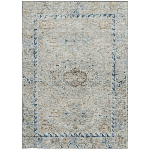 HomeRoots 5' Indoor Outdoor Linen and Blue Medallion Area Rug - Durable, Washable, Stylish for High-Traffic Spaces 688694