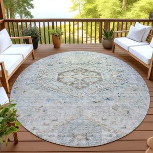 HomeRoots 8' Linen and Blue Round Medallion Rug - Stylish, Washable, Durable for Indoor & Outdoor Spaces! 688695