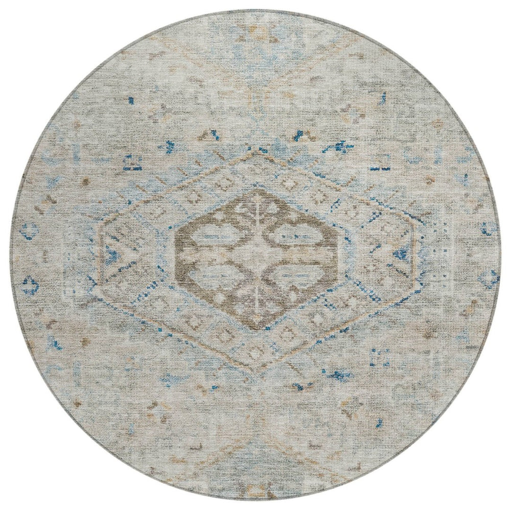 HomeRoots 8' Linen and Blue Round Medallion Rug - Stylish, Washable, Durable for Indoor & Outdoor Spaces! 688695