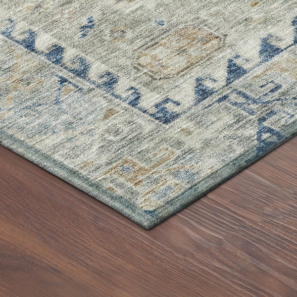 HomeRoots 8' Linen and Blue Round Medallion Rug - Stylish, Washable, Durable for Indoor & Outdoor Spaces! 688695