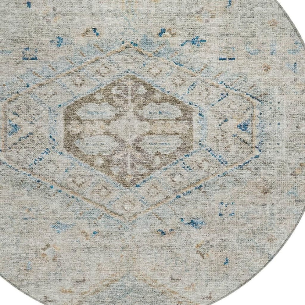 HomeRoots 8' Linen and Blue Round Medallion Rug - Stylish, Washable, Durable for Indoor & Outdoor Spaces! 688695