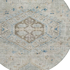 HomeRoots 8' Linen and Blue Round Medallion Rug - Stylish, Washable, Durable for Indoor & Outdoor Spaces! 688695