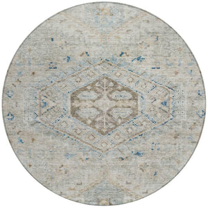HomeRoots 8' Linen and Blue Round Medallion Rug - Stylish, Washable, Durable for Indoor & Outdoor Spaces! 688695
