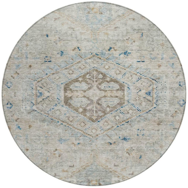 HomeRoots 8' Linen and Blue Round Medallion Rug - Stylish, Washable, Durable for Indoor & Outdoor Spaces! 688695