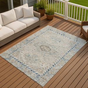 HomeRoots 8' X 10' Linen and Blue Medallion Washable Area Rug - Stylish, Durable Design for Indoor & Outdoor Use 688696