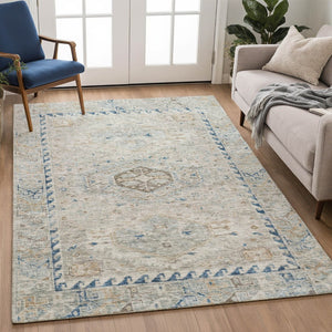 HomeRoots 8' X 10' Linen and Blue Medallion Washable Area Rug - Stylish, Durable Design for Indoor & Outdoor Use 688696