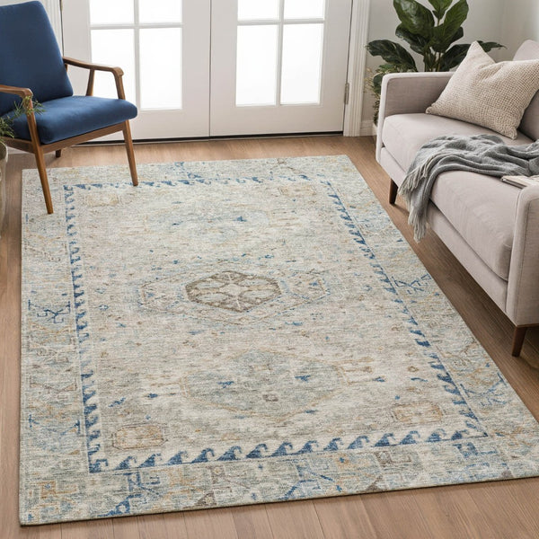 HomeRoots 9' Elegant Linen & Blue Medallion Washable Area Rug for Indoor/Outdoor Use - Durable & Stylish Decor 688697
