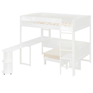English Elm Full Size Loft Bed with Rotating Desk Led Lighting Sofa and Bookshelf Storage White LT000200AAK