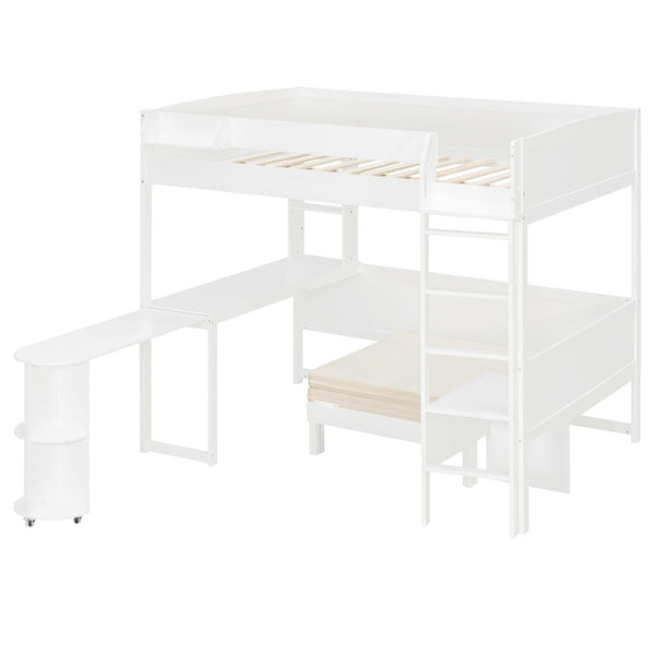 English Elm Full Size Loft Bed with Rotating Desk Led Lighting Sofa and Bookshelf Storage White LT000200AAK