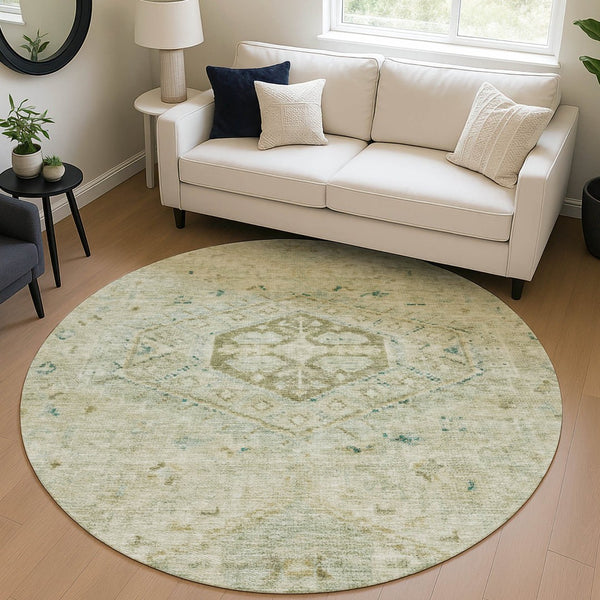 HomeRoots 8' Sage and Gold Medallion Area Rug - Durable, Washable Indoor/Outdoor Design for High-Traffic Spaces 688701