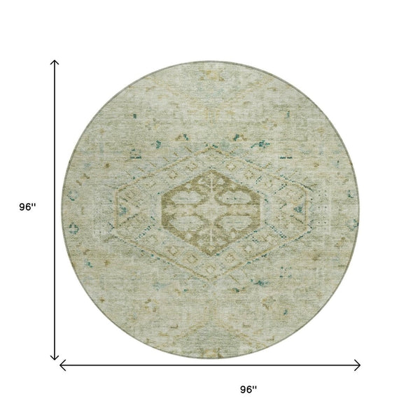 HomeRoots 8' Sage and Gold Medallion Area Rug - Durable, Washable Indoor/Outdoor Design for High-Traffic Spaces 688701