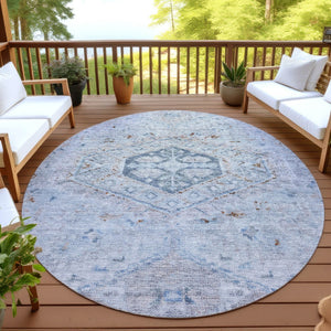 HomeRoots 8' Sky Blue & Brown Round Medallion Rug - Washable, Durable, Indoor/Outdoor Area Rug for High Traffic Spaces 688707