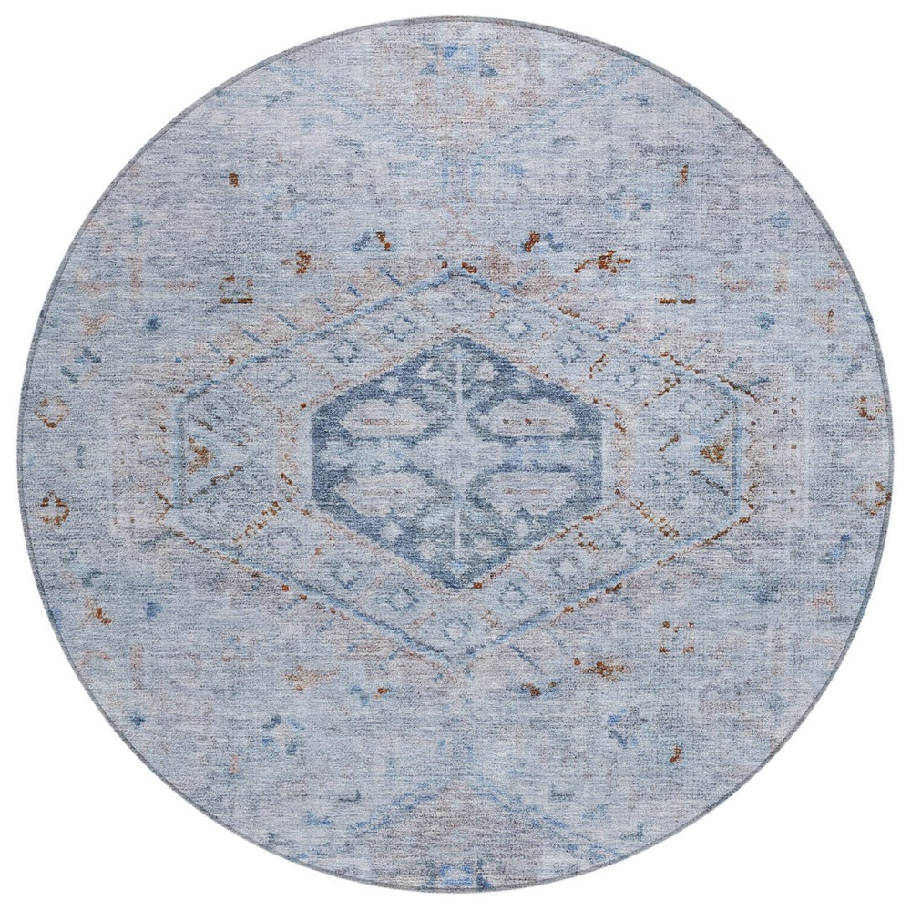HomeRoots 8' Sky Blue & Brown Round Medallion Rug - Washable, Durable, Indoor/Outdoor Area Rug for High Traffic Spaces 688707
