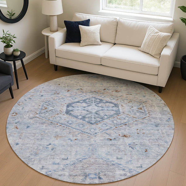 HomeRoots 8' Sky Blue & Brown Round Medallion Rug - Washable, Durable, Indoor/Outdoor Area Rug for High Traffic Spaces 688707