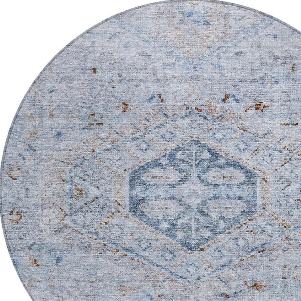 HomeRoots 8' Sky Blue & Brown Round Medallion Rug - Washable, Durable, Indoor/Outdoor Area Rug for High Traffic Spaces 688707