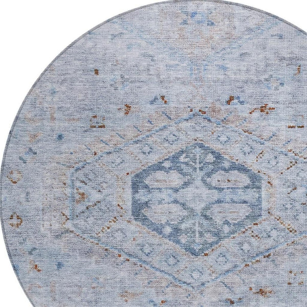 HomeRoots 8' Sky Blue & Brown Round Medallion Rug - Washable, Durable, Indoor/Outdoor Area Rug for High Traffic Spaces 688707