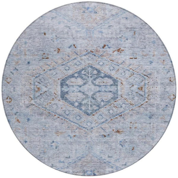 HomeRoots 8' Sky Blue & Brown Round Medallion Rug - Washable, Durable, Indoor/Outdoor Area Rug for High Traffic Spaces 688707
