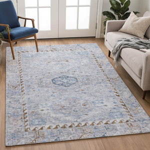 HomeRoots 10' Sky Blue and Brown Medallion Area Rug – Washable, Durable Design for Indoor & Outdoor Spaces 688710