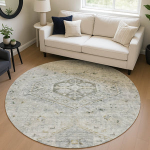 HomeRoots 8' Taupe and Beige Round Medallion Rug - Washable, Durable, Stylish for Indoor and Outdoor Spaces 688713