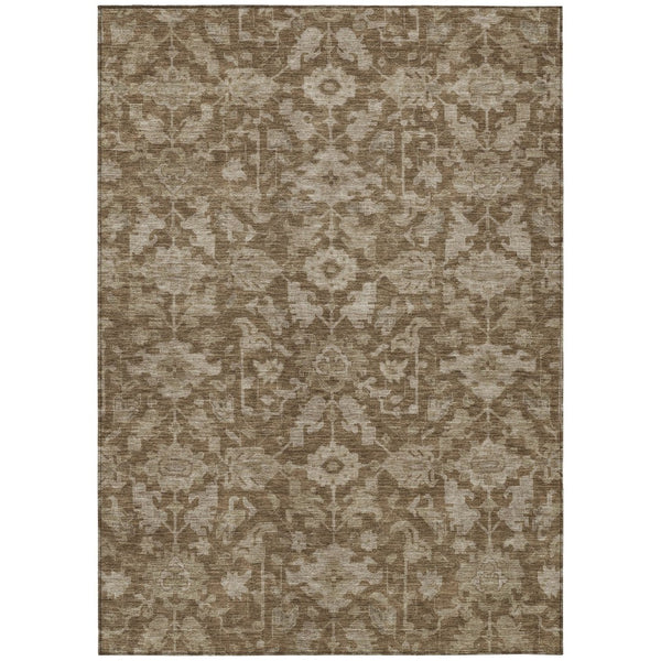 HomeRoots 5' Durable Brown and Beige Floral Washable Area Rug – Ideal for Indoor & Outdoor Spaces, Easy Care 688718