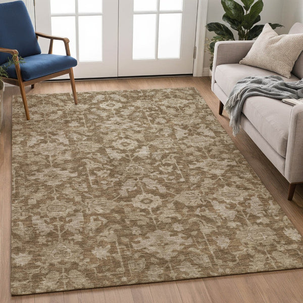 HomeRoots 5' Durable Brown and Beige Floral Washable Area Rug – Ideal for Indoor & Outdoor Spaces, Easy Care 688718